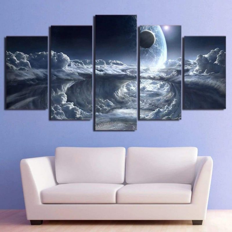 tableau 5 pieces planete nuageuse espace stellaire